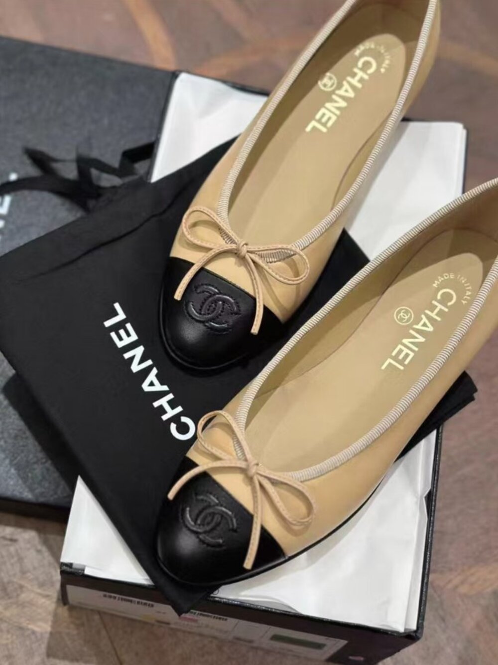 Chanel Two‑Tone Leather Bow Ballet Flats